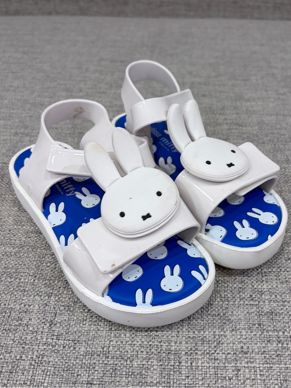 Mini Melissa White Bunny Strap Sandals with Blue Bunny-Print Insole